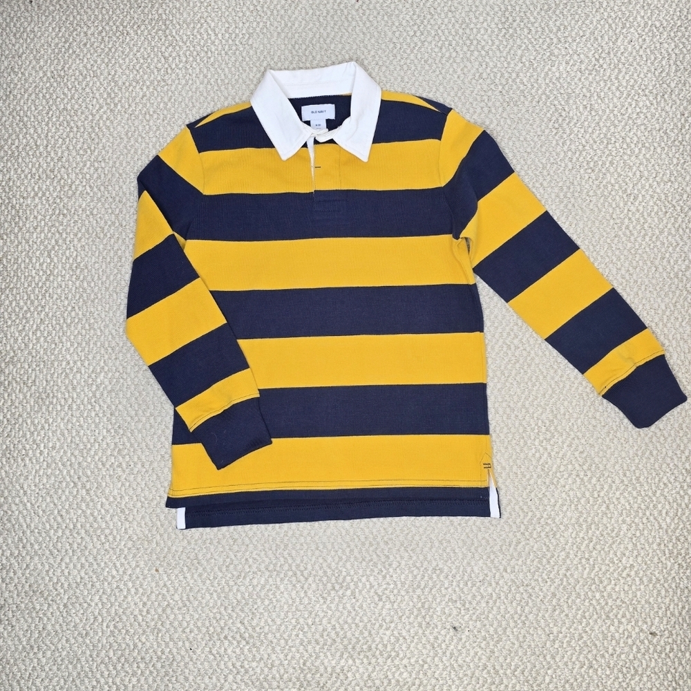 Old Navy Yellow and Navy Striped Polo Rugby Shirt Size 8